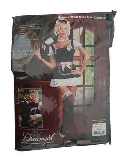 French Maid Adult Woman's Halloween Costume. Size Large. *Dress *Apron  *Feather Duster *Hat *Choker *Ñame Badge *2 Leg Garters.