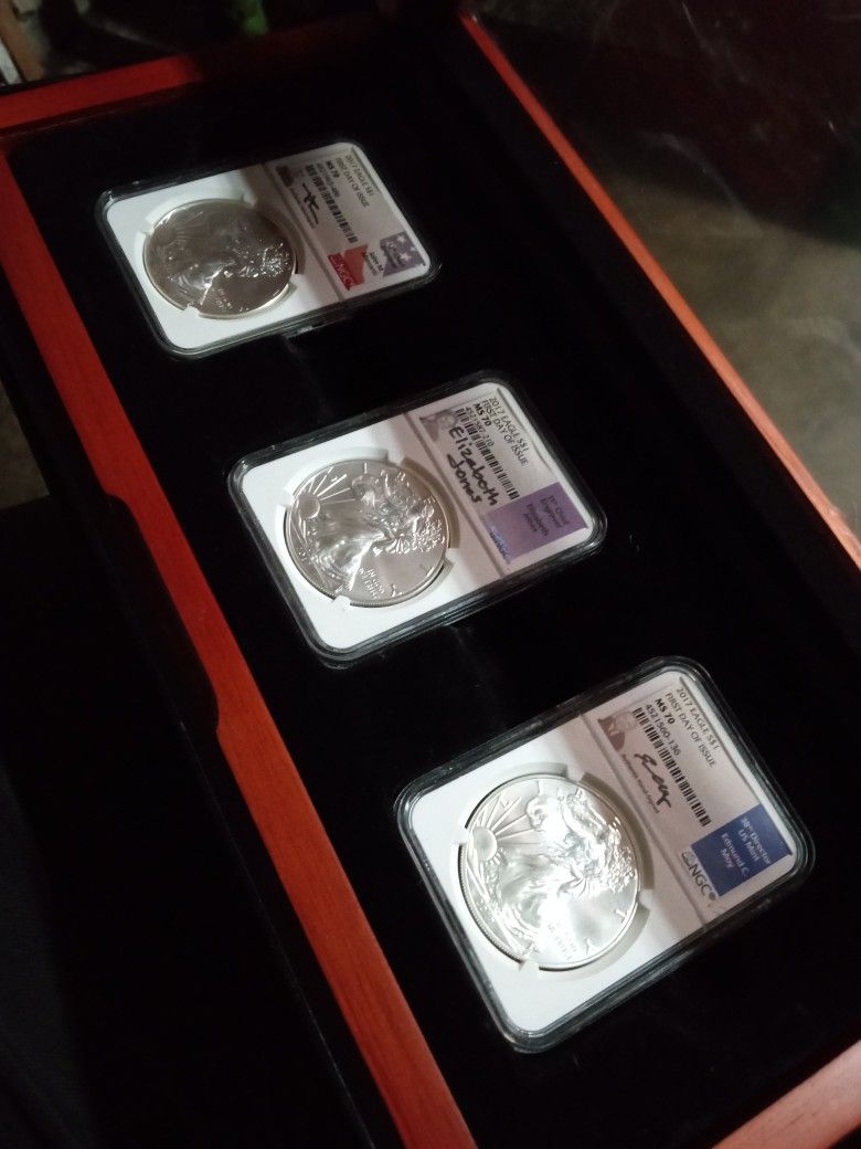 Set Of 3 - 2017 Silver Eagle Coins MS 70 All Hand Signed