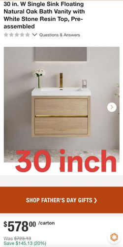 30 in. W Single Sink Floating Natural Oak Bath Vanity with White Stone Resin Top, Pre-assembled