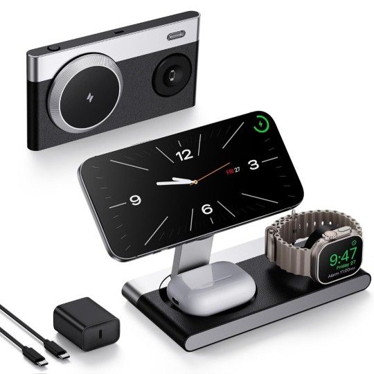 Foldable 3 in 1 Magnetic Wireless Charging Station for Apple Devices, Leather-Like Fast Wireless Charger Dock with Night Light for Magsafe iPhone 17/1