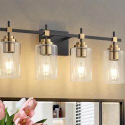 Black and Gold Vanity Light,4 Light Modern Vintage Wall Light with Clear Globe