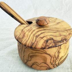 Hand-carved Italian Olivewood 7 oz Sugar Bowl & Spoon Set, Original Retail $59 