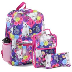 New 5 PCS Cat Backpack for Girls, 16" Kids Bookbag water bottle, pencils case and Lunch Box, Water Resistant School Bag for Elementary Prechool Toddle