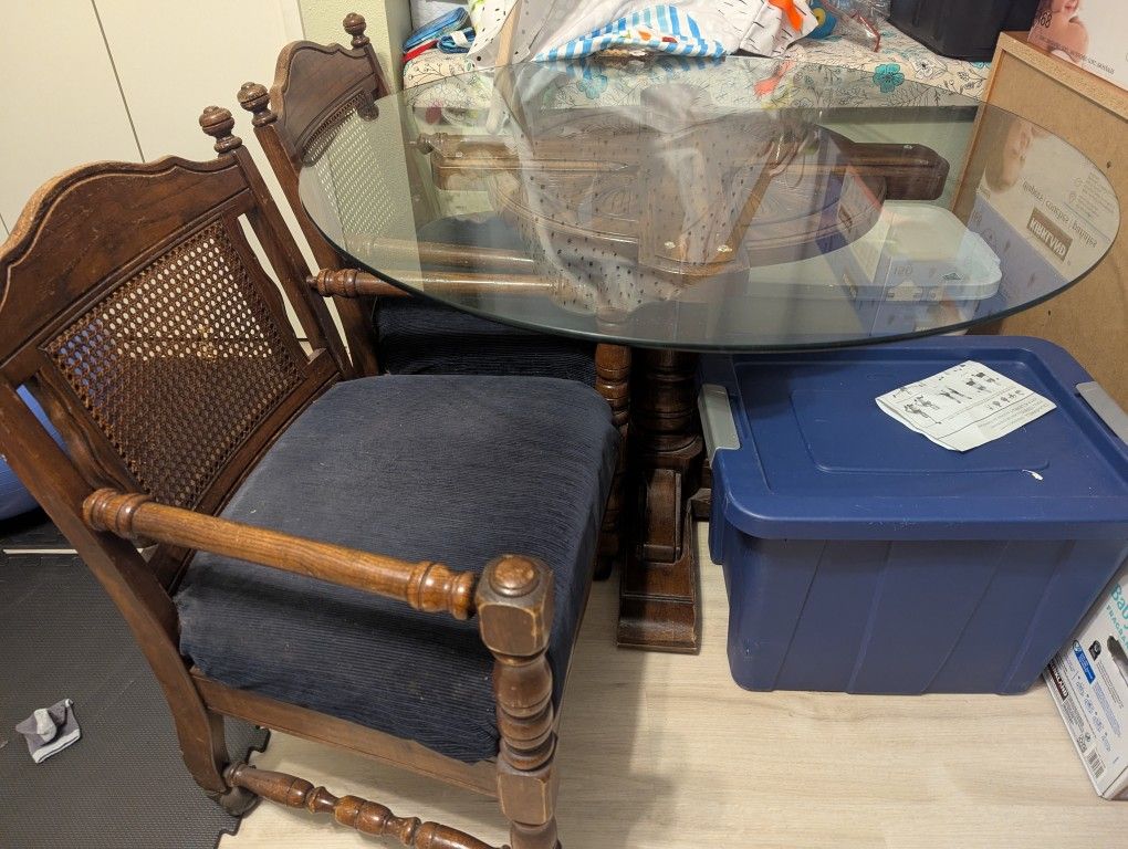 Solid Oak Wood Round Glass Dining Table And 4 Chair Set