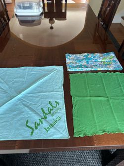 Collection of three scarves, green, sheer, geometric, circular, and sandals resort Jamaica
