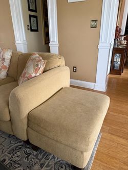85” buttercream fabric sofa, matching ottoman w /3 pillows