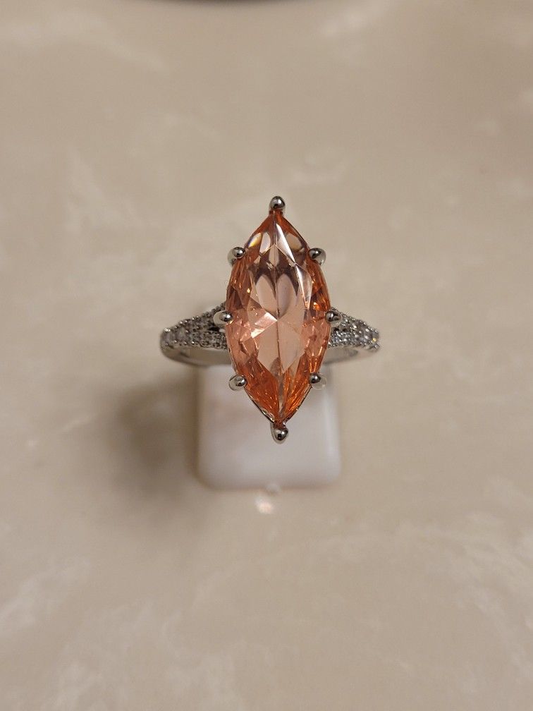 925 Silver CZ and Orange Citrine Marquis Ring Size 9