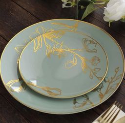 Set of 20 Plastic Round Dinner and Dessert Plates 8", 10" Dusty Sage Green with Metallic Gold Floral Design -disposable Plates
