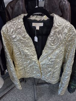 MICHAEL KORS Gold Metallic Quilted Statement Jacket Blazer Size 10