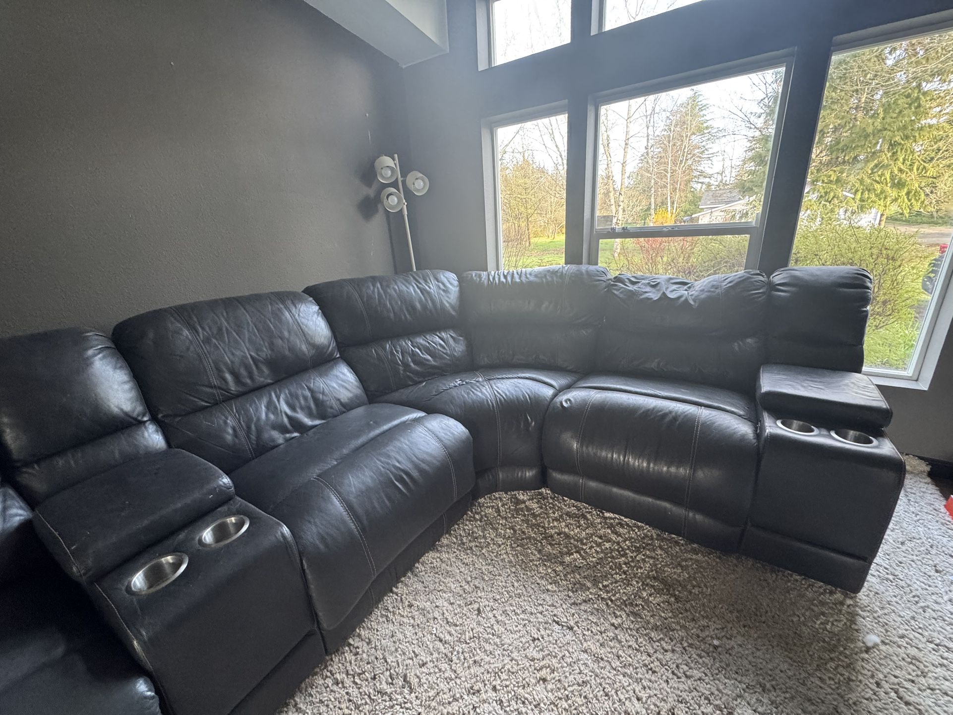 Black Leather Couch With Recliners For SALE