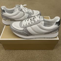 Michael Kors Andi Quilted Leather Trainer Sneaker White Silver Size 8 NEW in Box