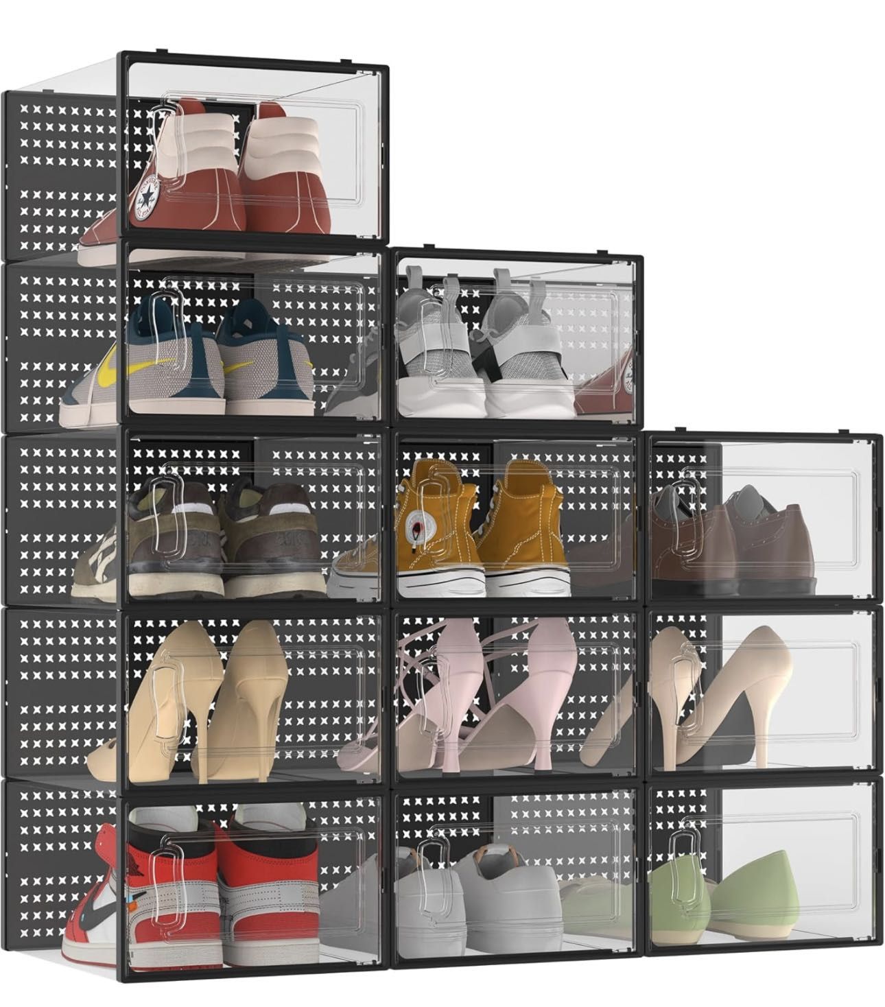 12 Pack XX Large Shoe Storage Box Organizer for Closet, Versatile Clear Plastic Stackable Sneaker Shoe Rack Containers Bins Holders, Portable Closet O
