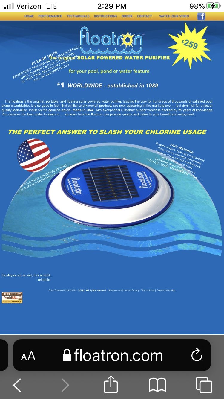 Floatron The Original Solar Powered Water Purifier NEW