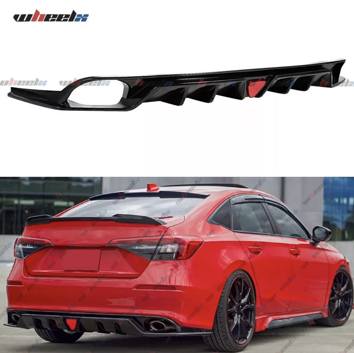 For 2022-2025 Honda Civic MC Style Fe180 Gloss Black Rear Diffuser W/ Led Light