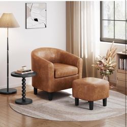 Accent Chairs with Ottoman, Faux Leather Barrel Chairs, Brown