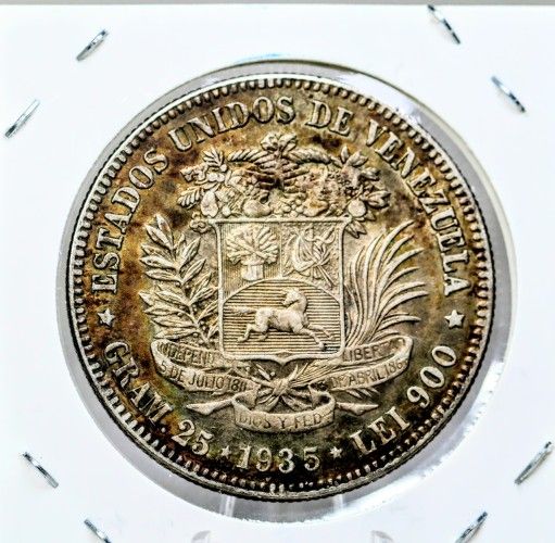 1935 Venezuela 5 Bolivar Silver Coin Toned