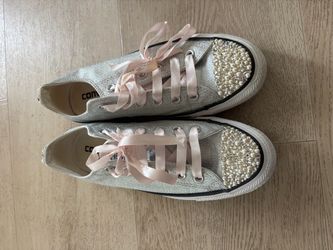 Converse Chuck Taylor All Star Low Top Silver Pearl Beads Ribbon Laces W 7