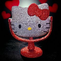 Rhinestone Bling Hello Kitty W/ Red Bow Table Beauty Mirror Handmade Mothers Day Gift