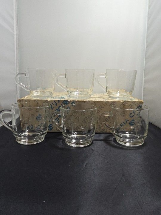 Vintage Aderia Crown Japan Etched Glass Coffee Tea Cups Set of 6 W/ Box (UH)