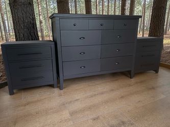 Large Dresser & Nightstands 3pc Bedroom Set Black Satin New