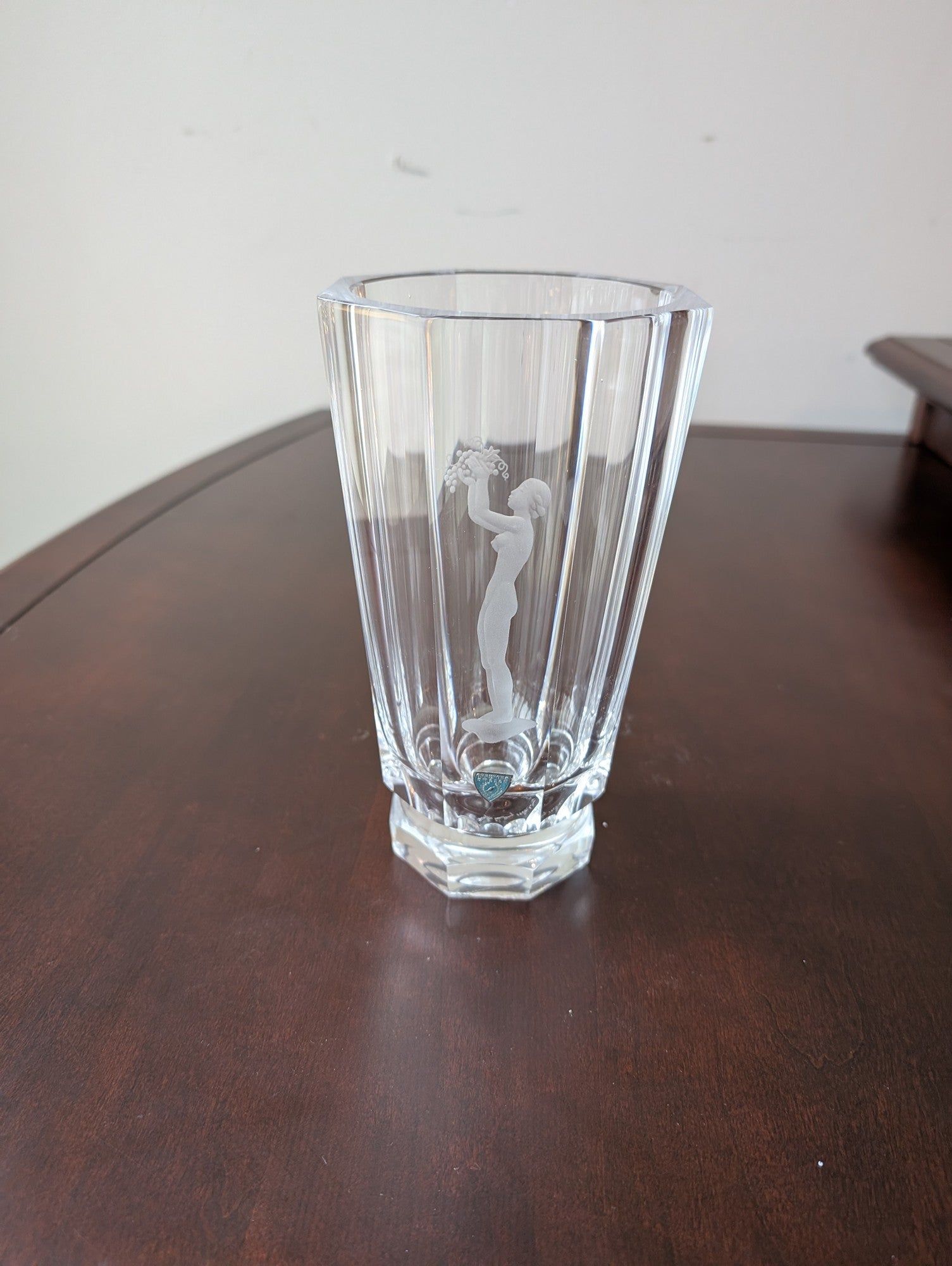 Orrefors Crystal Faceted Vase with Etched Nude Figure and Grapes