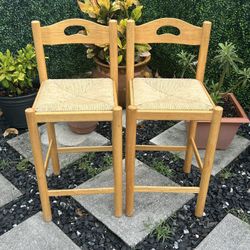 Pair Of Solid Wood Woven Seat Bar Stools 1960s