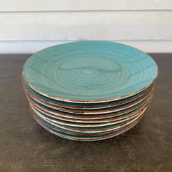 Royal Norfolk Dinner Plates Teal w Brown Edging Stoneware (9) 10-1/2"