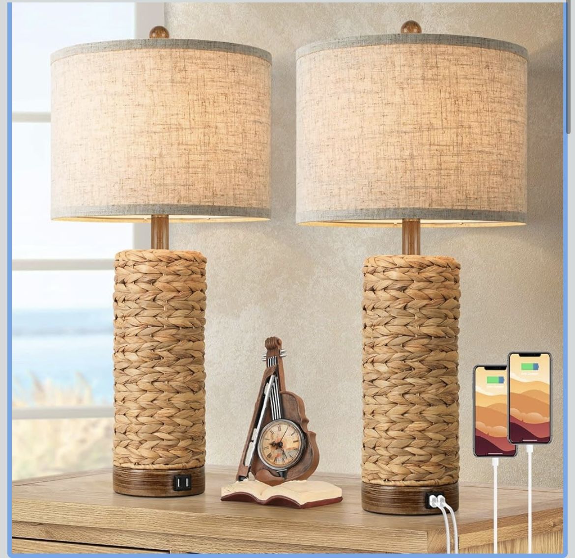 Rattan Table Lamps Bedside Nightstand Lamps with 2 USB Ports Set of 2, for Living Room, 27in Tall, Bedroom Lamp, Costal Farmhouse, Rustic, Woven Seagr