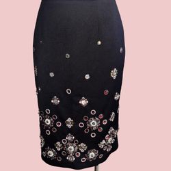 White House Black Market Embellished Black Midi Pencil Skirt Size 0 XS — Jeweled Floral Details, Back Slit, Elegant Office Siren + Holiday Party Look
