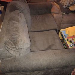 5 ITEMS. Loveseat & oversized chair with matching footstool & large round table with small round table