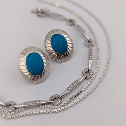 🤍✨Sterling Silver Jewelry Set – Turquoise Earrings, Link Bracelet & Venetian Box Chain Necklace