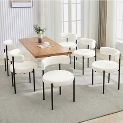 D142-Boucle Dining Chairs Set of 6, Mid Century Modern Dining Room Chairs with Barrel Backrest, Upholstered White Kitchen Chairs for Dining Room, Rest