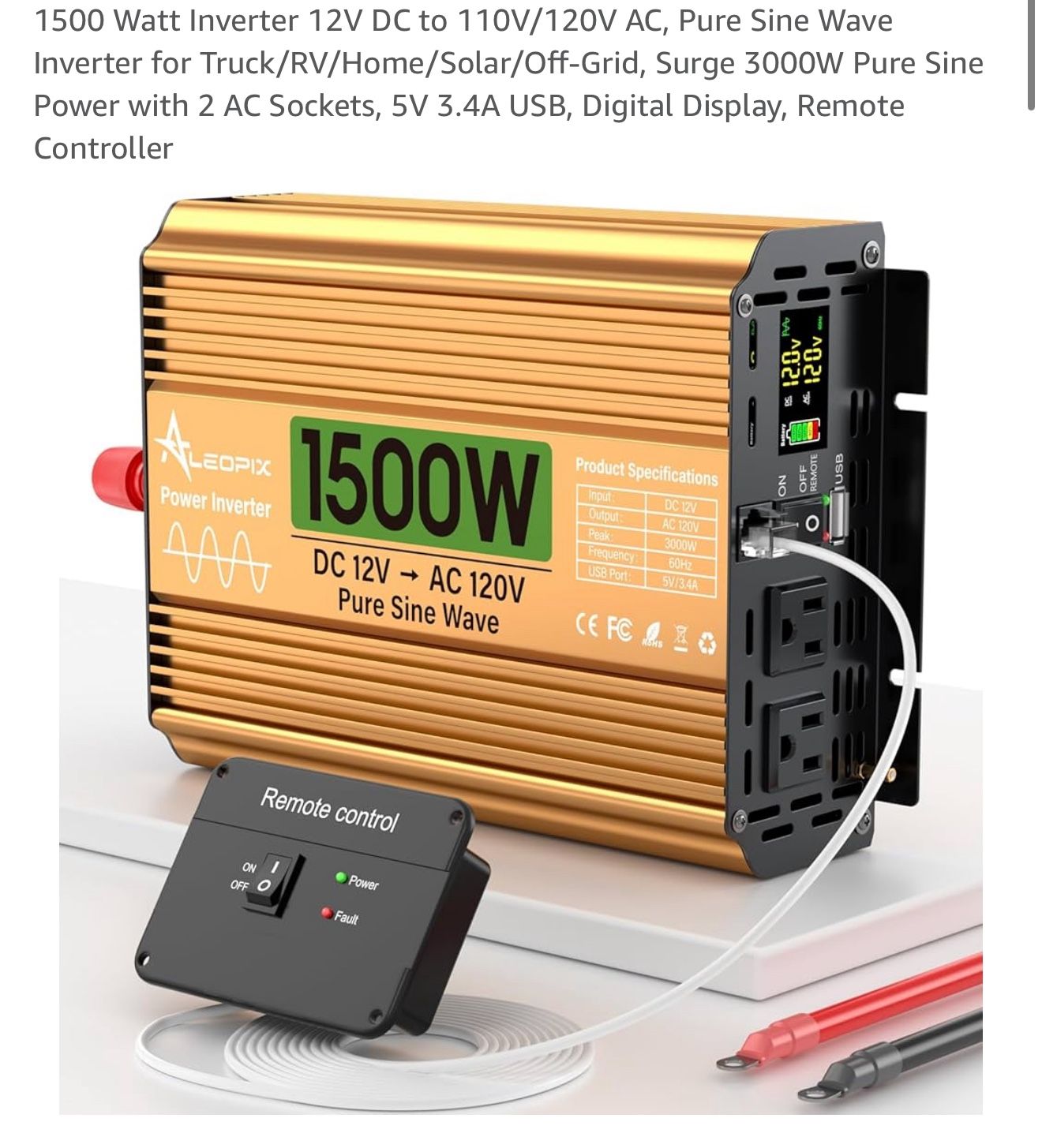New In Box 1500 Watt Inverter 12V DC to 110V/120V AC, Pure Sine Wave Inverter for Truck/RV/Home/Solar/Off-Grid, Surge 3000W Pure Sine Power with 2 AC