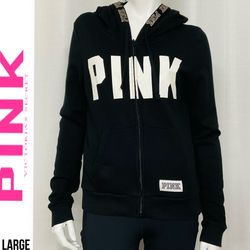 Victorias Secret Logo PINK Hoodie BLACK Sweatshirt SILVER FOIL