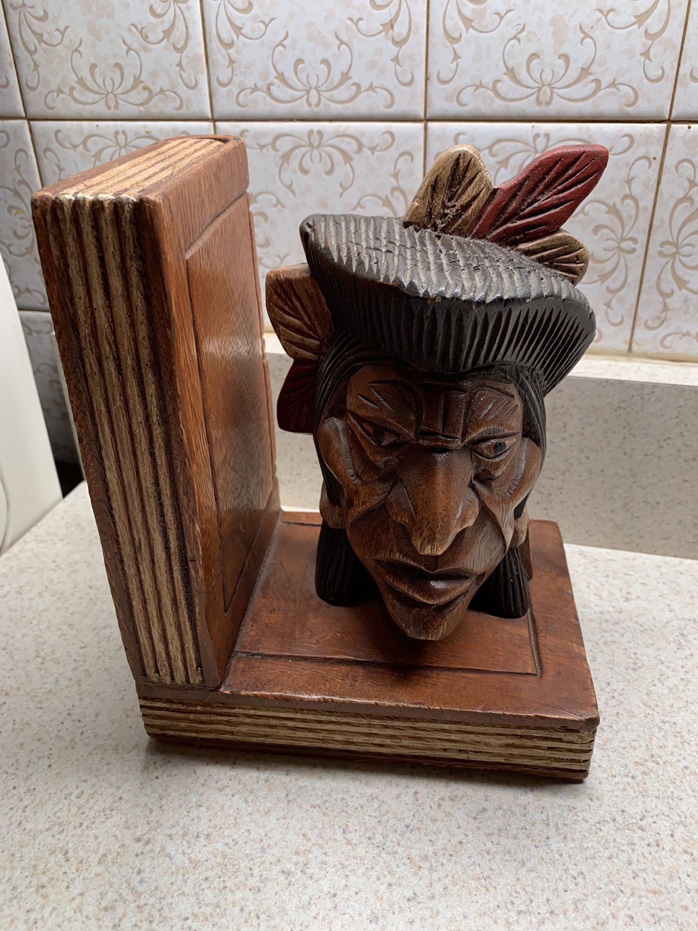 Vintage Wood Carved Indian Head Bookend