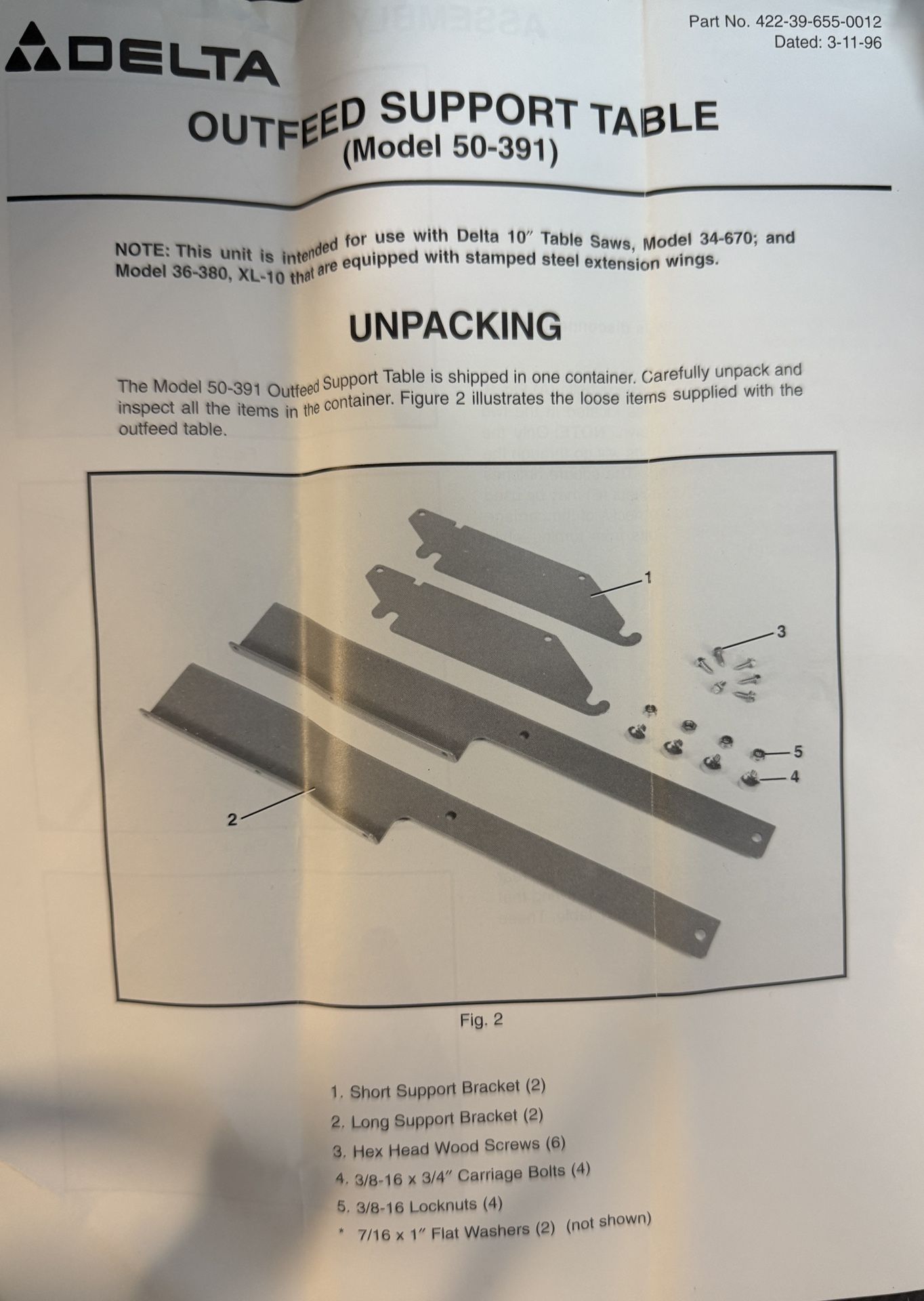 Brand New Delta Outfeed Support for Table Saw