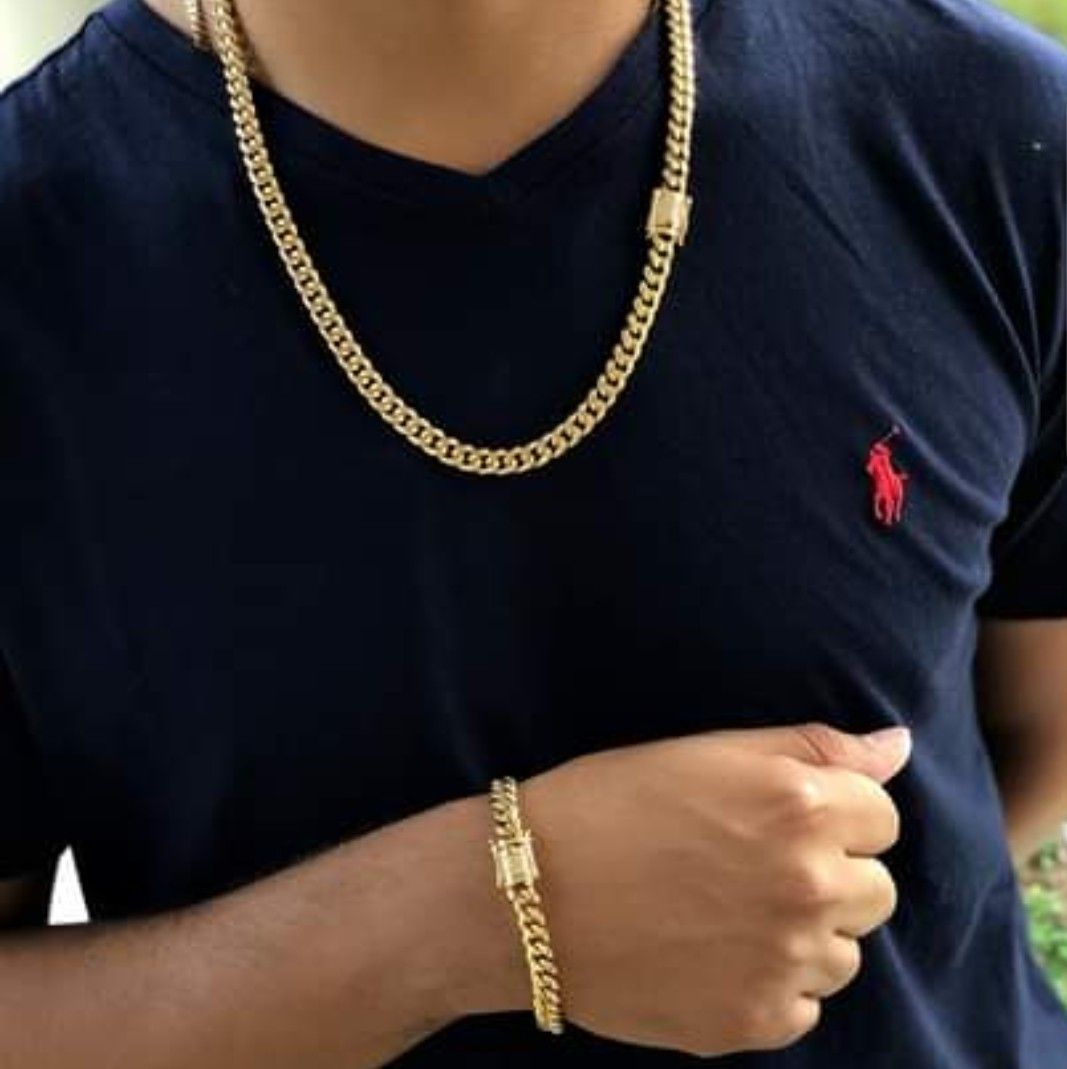 8MM Diamond Lock Cuban Link Set 14K Gold Plated Does Not Loses