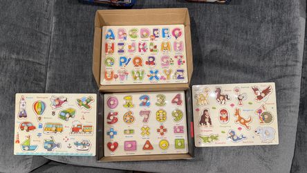 4 Wooden Peg Puzzles Lot – Alphabet, Numbers & Shapes, Animals, Vehicles – Toddler