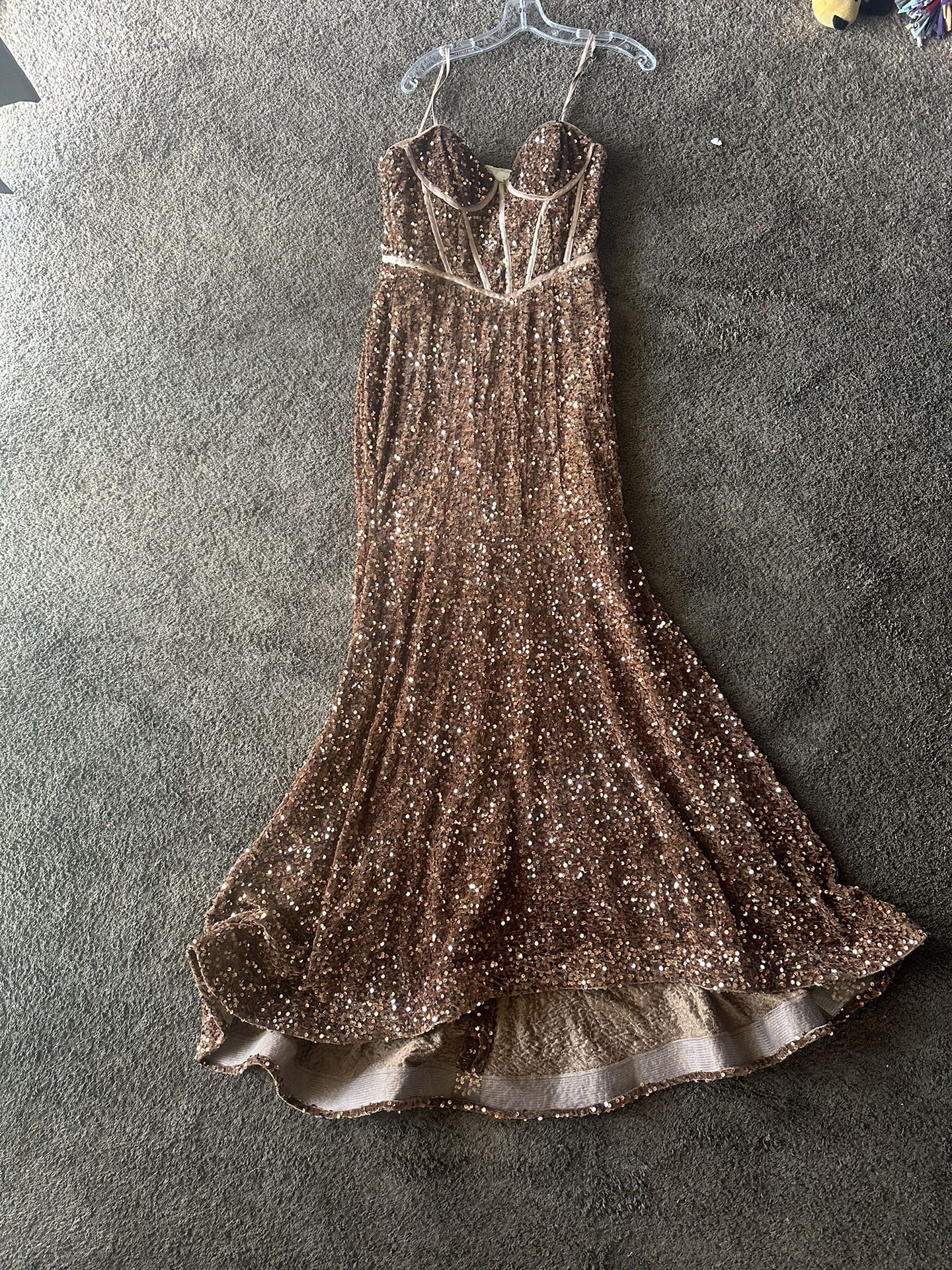 Brown sequins dress with corset back and long train 