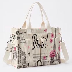 Paris Print Cordoroy Tote Bag with Crossbody Strap Please see size