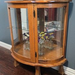tiger oak curved glass curio cabinet 