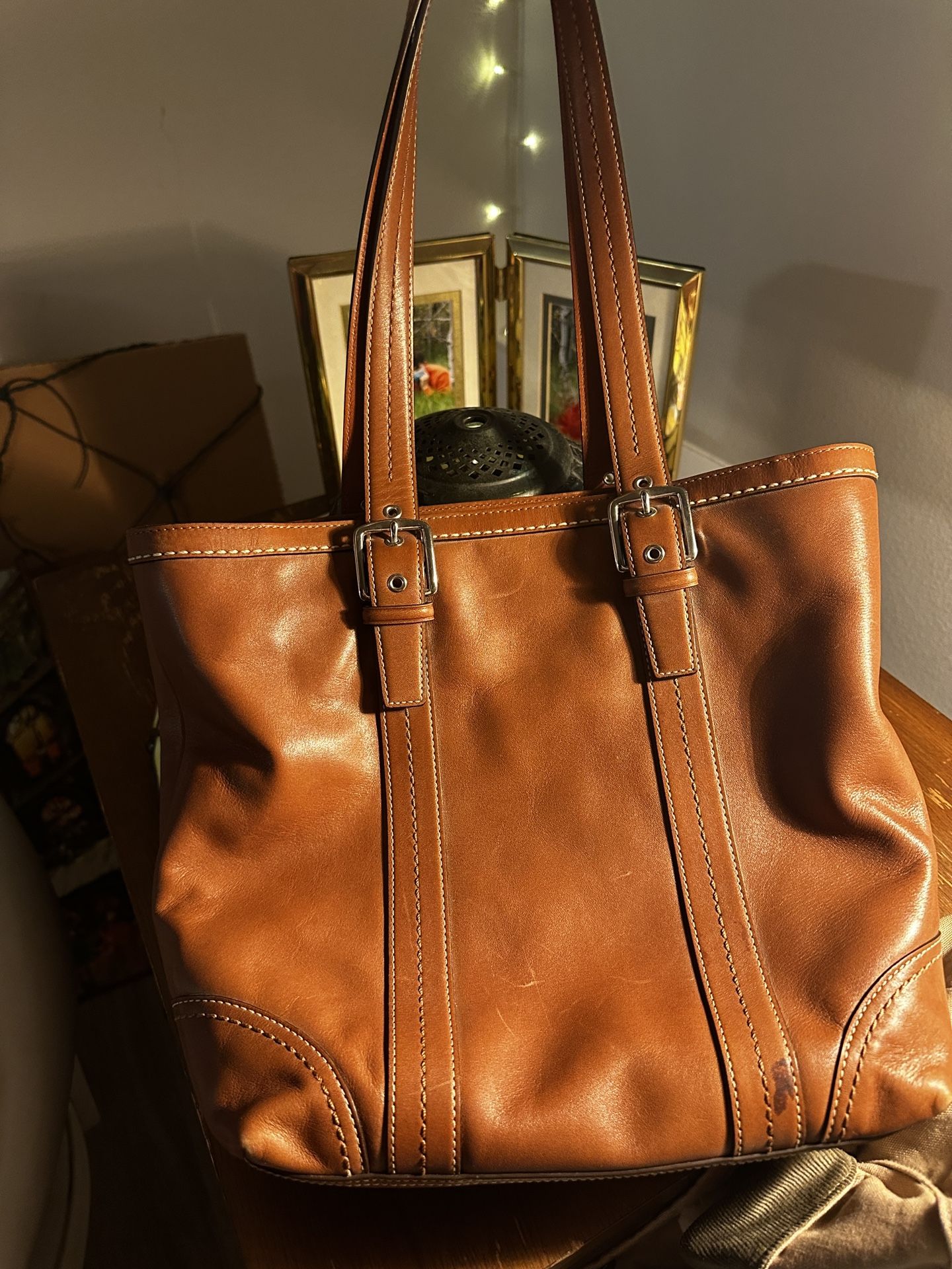 Tan Brown Coach (almost vintage) Leather bag Tote Purse with buckle straps