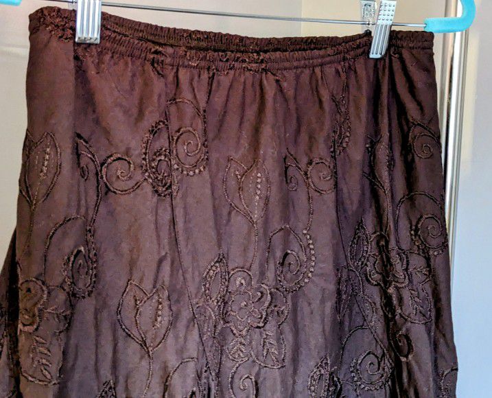 Brown Floral Stitch Detail Midi Flounce Skirt by JKLA Women's Size S 26" Long