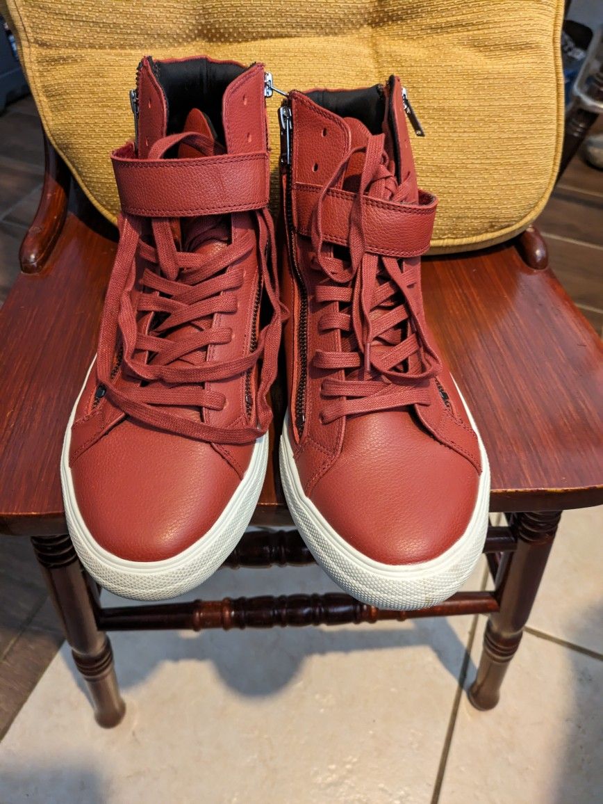 Like New Aldo Men Leather Shoes/Sneakers size: 11 - Color Red -zippers on both sides, shoelaces,band w/Velcro. Only used one's for a party