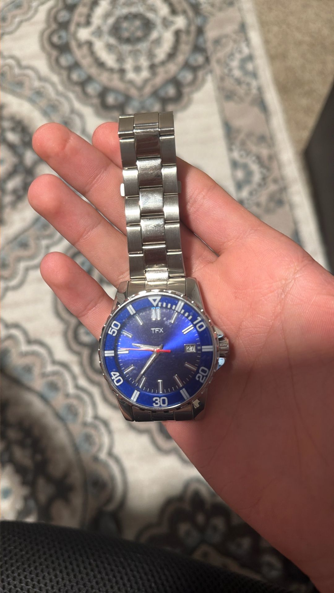 TFX Men’s Stainless Steel Watch with Blue Dial & Calendar — Elegant Everyday Timepiece