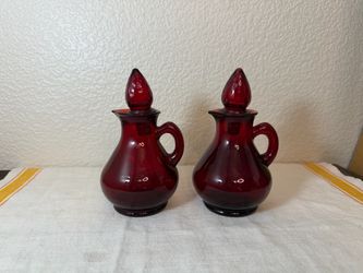 Two Avon Vintage Ruby Red Mini Cruet Decanter w/ Stopper Glass Bottle