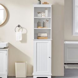 Wooden Bathroom Storage Cabinet with Open Shelves and Door Cabinet, Whit