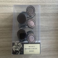 NWT Set of 12 Shower Round Dark Designed Metal Curtain Hooks
