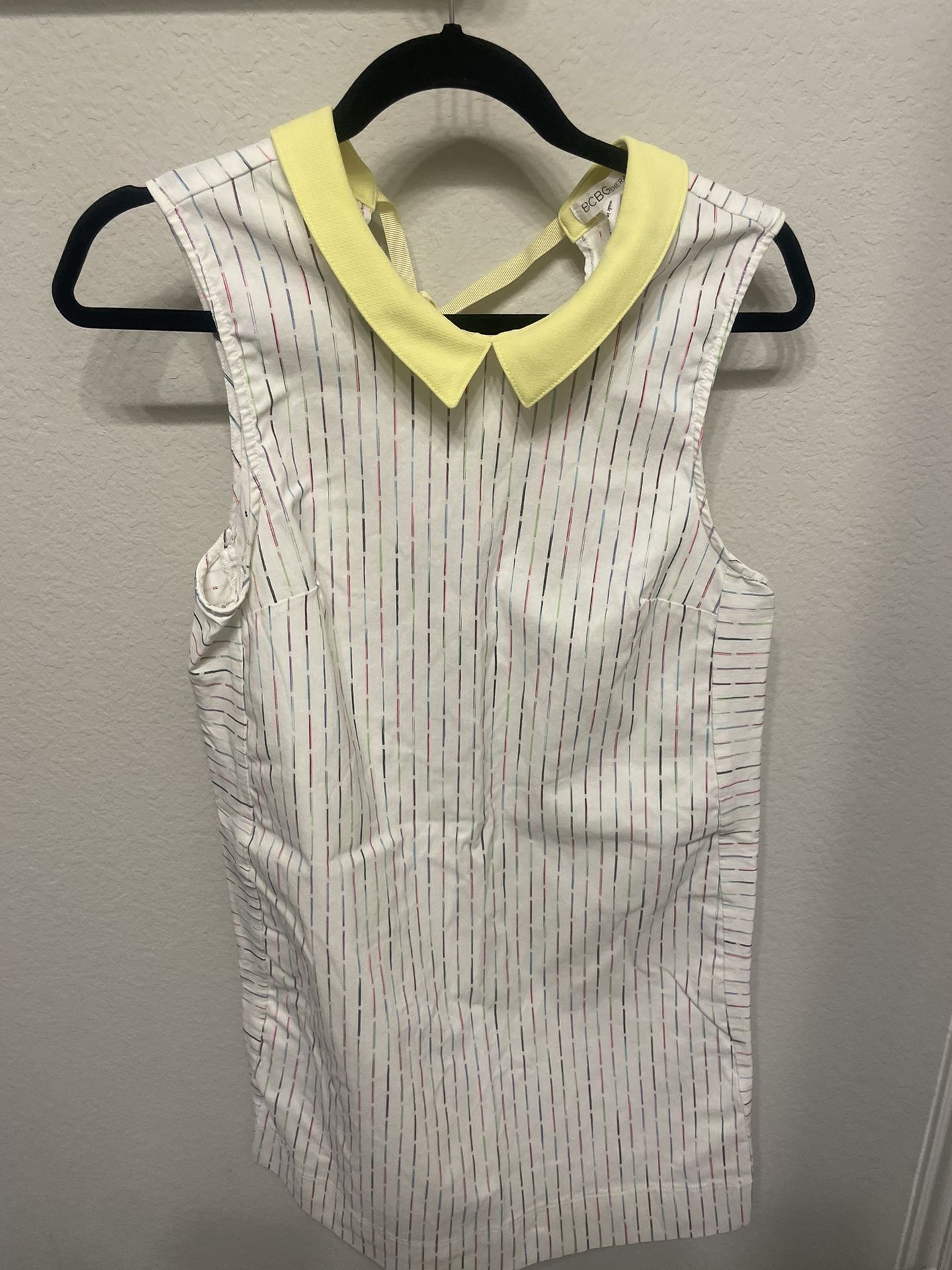 BCBG Women’s White Collared Colorful Striped Sundress, Medium