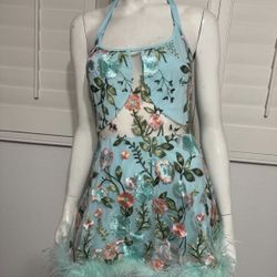 New small aqua embroidered floral dress boho iHR mini flower spring tea cottage